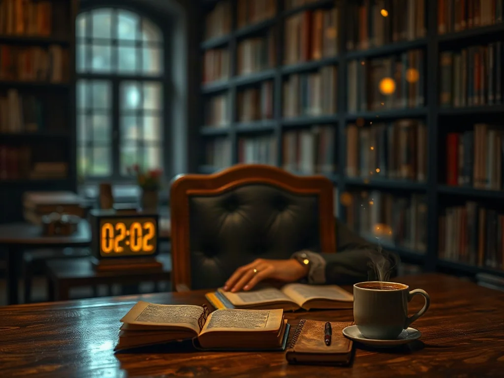 Osoba zamyślona nad zegarem cyfrowym wskazującym godzinę 02:02 w przytulnej bibliotece, co symbolizuje numerologiczne znaczenie.